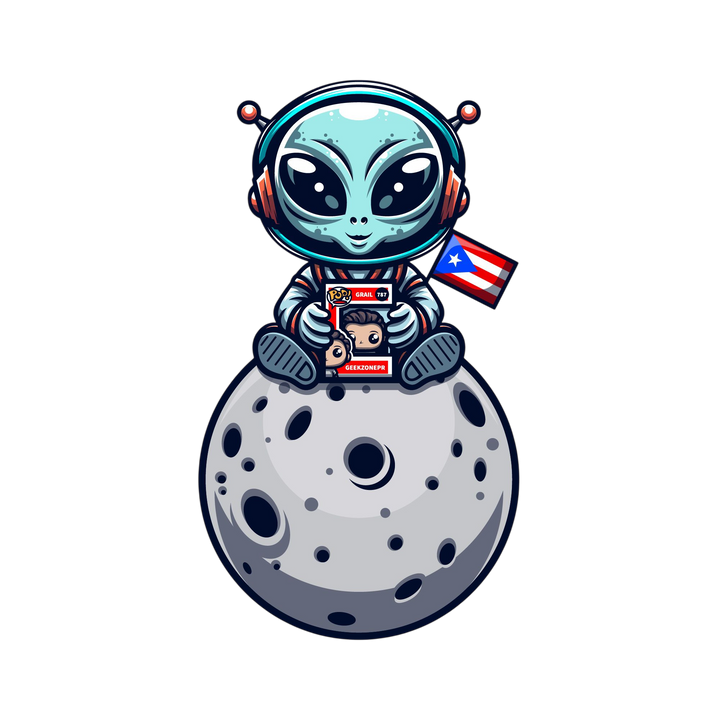 Mascota de Geek Zone PR: un alien astronauta sentado en la luna