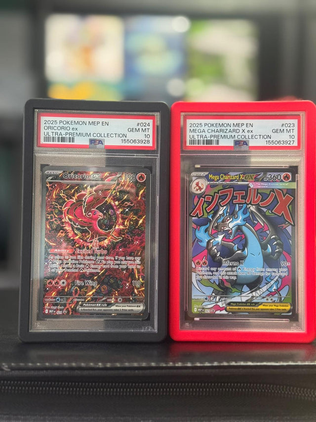 Set secuencial Mega Charizard X ex #023 + Oricorio ex #024 – Ultra-Premium Collection (2025) – PSA 10